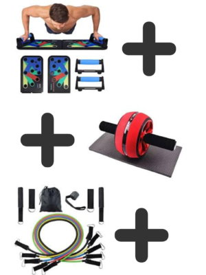 🏋️‍♂️ Combo Entrenamiento en Casa 3 en 1 – Push Up Board + Rueda Abdominal + Bandas de Resistencia 💪