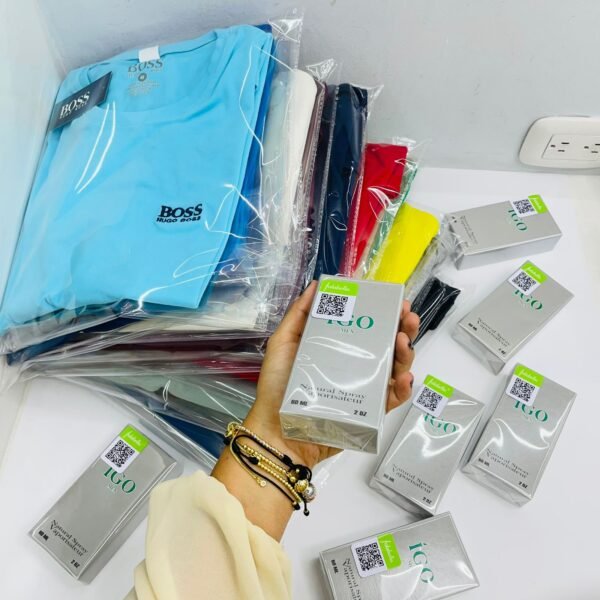 👕✨ KIT x5 Camisetas Hugo Boss + Perfume IGO (Fragancia Acqua di Gio) – Para Caballero