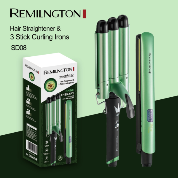 💚 Combo Remilngton SD08 – Plancha + Pinza Onduladora 3 Tubos Aguacate & Macadamia