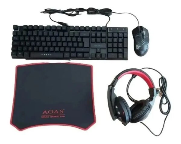 🎮 Combo Gamer 4 en 1 AOAS – Teclado + Mouse + Audífonos + Pad Mouse