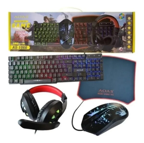 🎮 Combo Gamer 4 en 1 AOAS – Teclado + Mouse + Audífonos + Pad Mouse