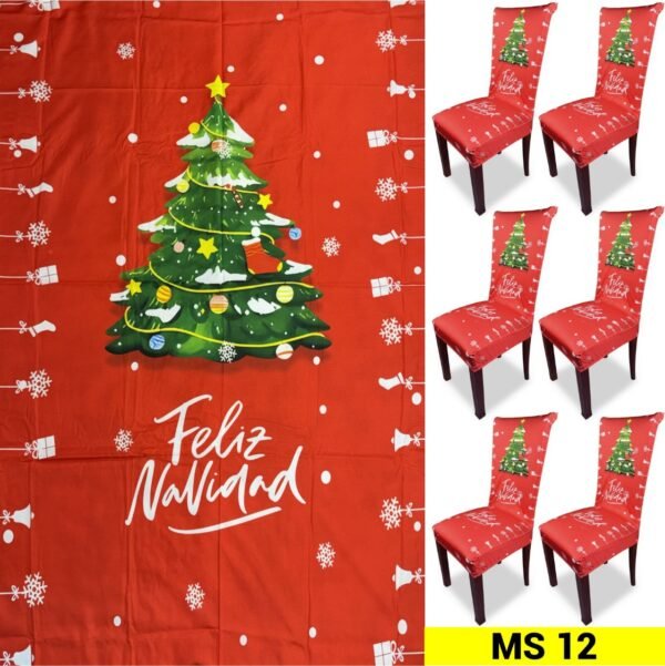 🎄 Set Navideño de Mantel + 6 Fundas para Sillas – Diseño Árbol de Navidad “Feliz Navidad” 🎁