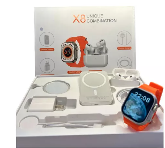 ⭐ Combo Premium X8 Ultra – Smartwatch + Audífonos + Power Bank Inalámbrico + Adaptador + Cargadores (5 en 1)