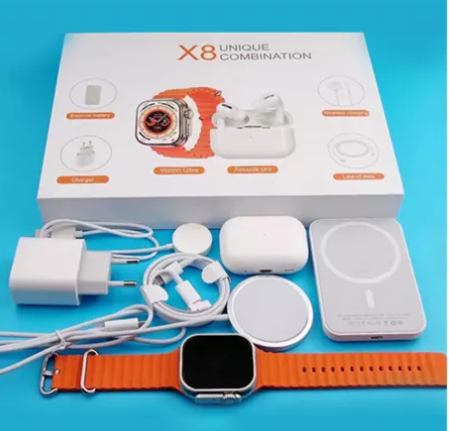 ⭐ Combo Premium X8 Ultra – Smartwatch + Audífonos + Power Bank Inalámbrico + Adaptador + Cargadores (5 en 1)